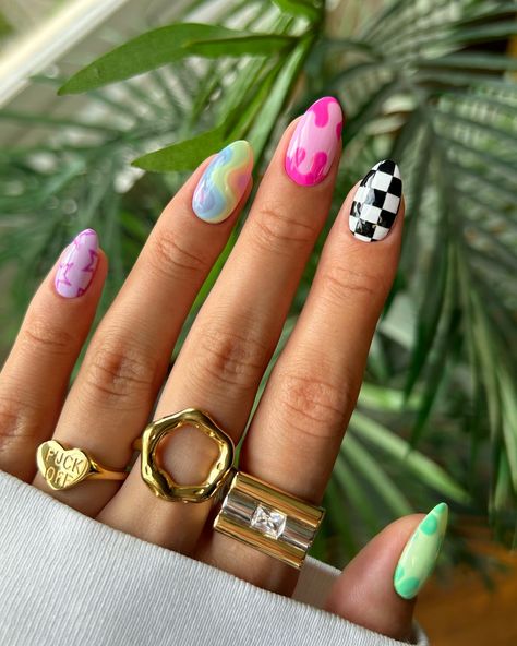 A bright and funky summer mix n match 🤪🌈💞🏁✨ • ‘f off’ ring from @westwoodandhyde • middle ring from @suryachamak - code NAILOLOGIST20 for 20% off • index ring from @luvaj #nails #nailinspo #nailart #naildesign #summernails #mixandmatch #mixnmatch #funnails Maximalist Nail Design, Mismatched Nail Art, Mix And Match Nails, Mismatched Nails, Match Nails, Index Ring, Mix Match Nails, Preppy Nails, F Off