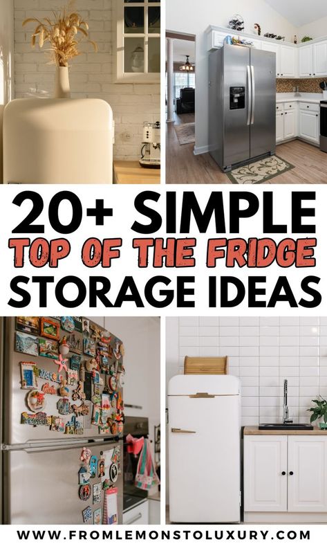 Top of the Fridge Storage Ideas Top Of Frig Storage, Top Of Fridge Storage Ideas Baskets, On Top Of Fridge Storage, Storage On Top Of Refrigerator, Fridge Top Storage, Above The Fridge Storage, Top Of Fridge Ideas, Top Of Refrigerator Storage, Top Of Fridge Storage Ideas