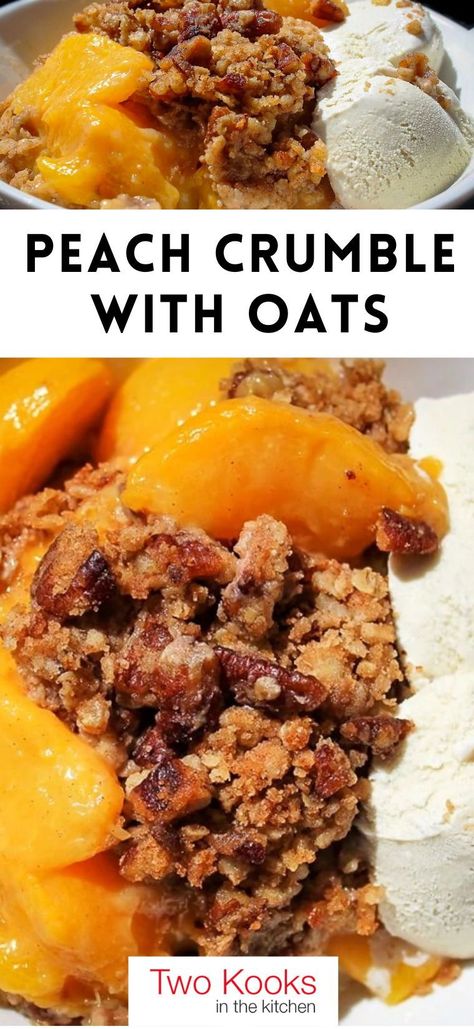 This easy and popular peach crumble with oats is versatile and classic served warm with a scoop of ice cream. Sweet juicy peaches topped with a buttery, cinnamon-y, nutty topping – a delicious taste of summer. Peach Crumble Pie, Peach Delight, Peach Oatmeal, Oat Crumble Topping, Scoop Of Ice Cream, Peach Crumble, Fruit Crumble, Main Dish Casseroles, Baked Peach