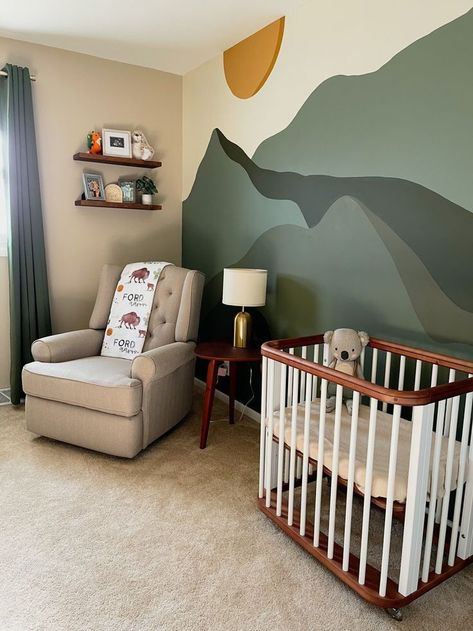 Pnw Nursery Theme, Mountain Baby Nursery, Indy Room, Camping Themed Nursery, Adventure Baby Room, Mountain Nursery Theme, National Park Nursery, Woodsy Nursery, Baby Nook