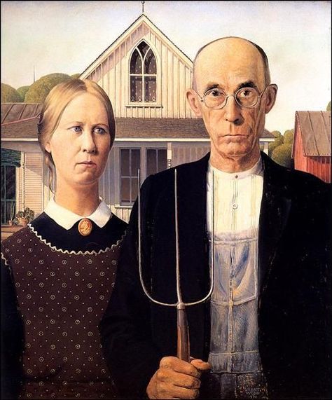 American Gothic is considered one of the most recognizable paintings in history, but few people know the profession of the stern looking guy posing with the pitchfork. Grant Wood Paintings, American Gothic Painting, American Gothic Parody, Grant Wood American Gothic, Famous Portraits, Grant Wood, American Gothic, Art Parody, Southern Gothic