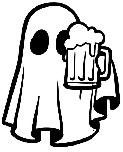 Ghost With Wine Glass Tattoo, Ghost Tattoos Simple, Simple Ghost Drawing, Husband Tattoos, Beer Tattoo, Wine Glass Tattoo, Beer Drawing, Beer Tattoos, Husband Tattoo