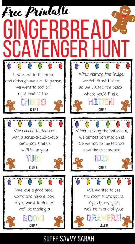 Looking for a kids Christmas activity? Here’s a free printable gingerbread man scavenger hunt! It includes clues and all the tips you need to enjoy this fun Christmas tradition! Gingerbread Men Party Ideas, Gingerbread Man Scavenger Hunt Preschool, Elf Gingerbread Man, Christmas Hunt Clues, Gingerbread Scavenger Hunt Preschool, Gingerbread Man Scavenger Hunt School, Gingerbread Man Hunt Preschool, Gingerbread Man Hunt At School, Christmas Scavenger Hunt Clues Free