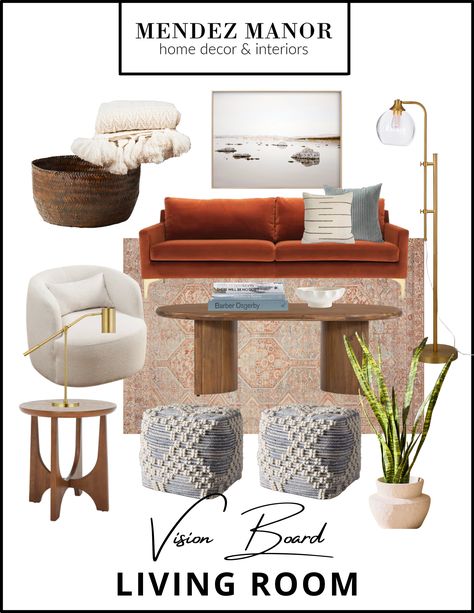 I had so much fun pulling together this mid-century meets boho living room, creating a space that combines style and family-friendly functionality. Always looking to keep my designs causal, my aim was to create a room that exudes a laid-back vibe while incorporating elements of the mid-century design style. #midcentury #boho #livingroomdesign #homedecor Cinnamon Sofa Living Rooms, Rust Coloured Sofa, Rust Sofa Living Room Ideas, Rust Sofa Living Room, Rust Couch Living Room Ideas, Contemporary Boho Living Room Decor, Rust Sofa, Rust Living Room, Colored Sofa