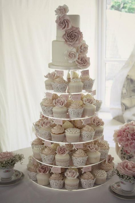 Wedding Cake With Cupcake Tiers, Mini Wedding Cake Cupcakes, Cupcake Wedding Cake Elegant, Wedding Cupcake Cake Ideas, Cupcake Tier Wedding Cake, Wedding Cake Designs With Cupcakes, Wedding Cake Cupcake Tower, Quinceañera Cupcakes, 2 Tier Wedding Cake With Cupcakes