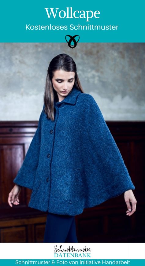 Wollcape Cape Umhang Jacke Wolljacke Poncho nähen kostenloses Schnittmuster Anleitung Kragen Knöpfe Cowl Poncho, Jacket Cape, Diy Tops, Clothes Sewing Patterns, Recycled Denim, 1960s Fashion, Diy Style, Sewing Patterns Free, Sewing Clothes