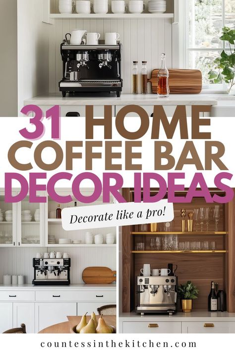 Home coffee bar decor Mini Bar Area In Home, Coffee Bar Shelves, Cozy Coffee Bar, Coffee Bar Setup, Home Coffee Bar Ideas, Bar Decor Ideas, Coffee Bar Ideas, Bar Setup, Coffee Bar Decor