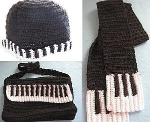 Piano Hat, Scarf & Purse Set~$3.99 Crochet Piano, Music Crochet, Piano Scarf, Crochet Music, Scarf Purse, Red Heart Super Saver Yarn, Crochet Scarfs, Crochet Unique, Crochet Magazine