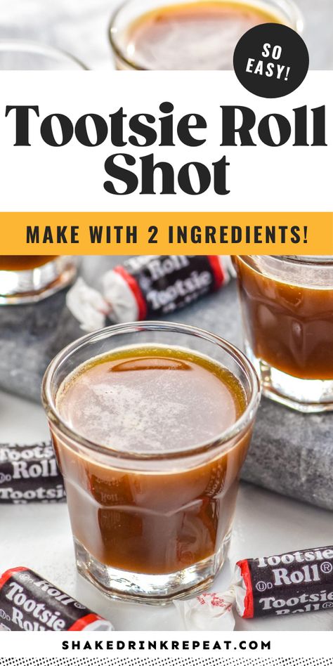 The Tootsie Roll Shot is made with the delicious due of orange juice and Kahlua, coming together to taste like the tootsie roll candy. Nurse Drinks Alcohol, Mixed Drink Shots, Tootsie Roll Shot Recipe, Easy Alcoholic Shots, Tootsie Roll Shot, Shots Alcohol Recipes, Kahlua Drinks, Shake Drink, Hey Bartender