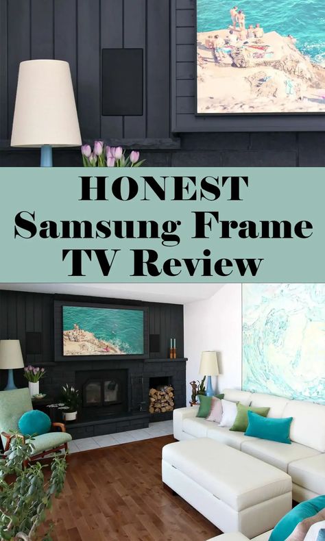 HONEST Samsung Frame TV Review. Samsung Frame TV over fireplace - tips on how to hide the TV cord under a mantel. Samsung Frame TV pros and cons to help you determine if the Frame TV is worth the cost. Plus how to make the Art Mode look better by choosing the right art! As well, you can find my Lake Inspired Samsung Frame TV art for sale and tips for how to create your own Samsung Frame TV art. Samsung Frame TV on wall above fireplace. Turn your TV into art! Tv On Wall Above Fireplace, Samsung Frame Tv Over Fireplace, Frame Tv On Wall, Frame Tv Over Fireplace, Wall Above Fireplace, Tv On Wall, Tv Over Fireplace, Expensive Decor, Printable Vintage Art