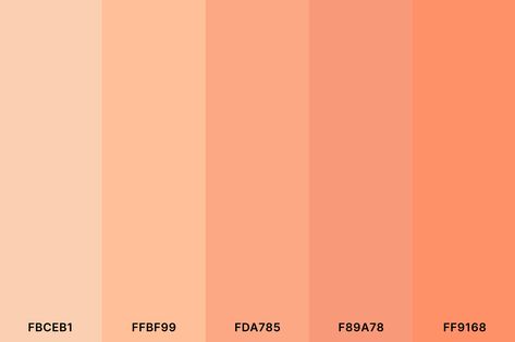 Soft Peach Color Palette with Apricot (Hex #FBCEB1) Peach (Hex #FFBF99) Atomic Tangerine (Hex #FDA785) Atomic Tangerine (Hex #F89A78) Atomic Tangerine (Hex #FF9168) Color Palette with Hex Codes Peach Color Code, Color Palette With Hex Codes, Peach Color Palette, Bridal Shower Colors, 2024 Colors, Peach Color Palettes, Peach Palette, Color Schemes Colour Palettes, Skin Color Palette