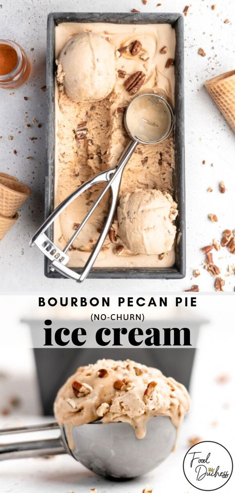 This Bourbon Pecan Pie NO CHURN Ice Cream features an aromatic and warmly flavored pecan pie ‘filling’. This filling utilizes brown butter, brown sugar, and of course bourbon, to create flavor experience that is deeply satisfying and mouth-wateringly good! #icecream #nochurn #nochurnicecream #pecanpie #butterpecan #nochurnrecipe #dulcedeleche #pecans #bourbon #HealthyFoodFacts Brown Butter No Churn Ice Cream, Bourbon Butter Pecan Ice Cream, Butter Pecan Ice Cream No Churn, Pecan Pie Ice Cream, Bourbon Ice Cream Recipes, Pecan Pie Ice Cream Recipe, Bourbon Ice Cream, Churn Ice Cream, What Is Healthy Food