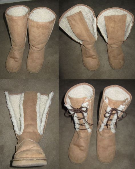 #Upcylcle #Uggs : I got new sued boots for Christmas and was going to throw away these old ones that are WAY big in the calf. Then I decided to try revamp-ing them. So I cut down the sides, wrapped the fluff around the outer edge & added laces. Diy Boots, Clothes Upcycle, Shoe Refashion, Shoe Makeover, Ugg Winter Boots, Old Boots, Silver Boots, Ugg Style, Mode Crochet