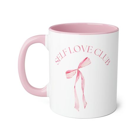 Self Love Club Mug, Coquette Bow, Girly Girl, Aesthetic Mug, Gift for Her, Girl Gifts, Gifts for Girlfriend, Gift for Mom, Gift for Sister Printed Cups Ideas, Print Mugs Ideas, Mug Printing Design, Mug Printing Ideas, Girly Girl Aesthetic, Coquette Stuff, Aesthetic Mugs, Girly Christmas Gifts, Mug Print