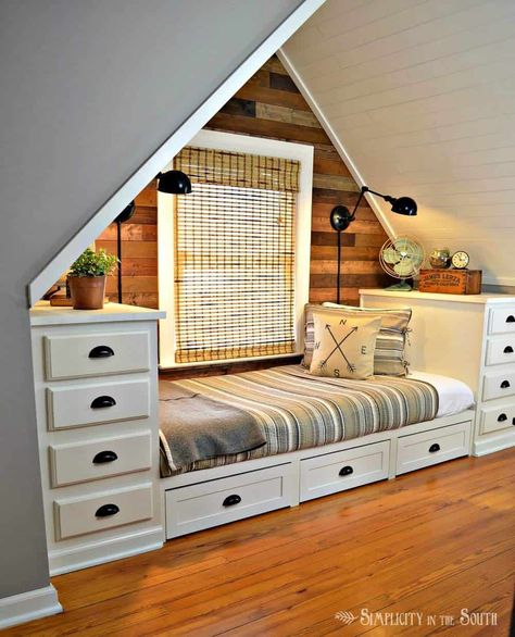 Dormer Bedroom, Comfy Bench, Old Wooden Chairs, Stock Kitchen Cabinets, Built In Bed, Attic Remodel, Upstairs Bedroom, Barn Ideas, Attic Bedroom