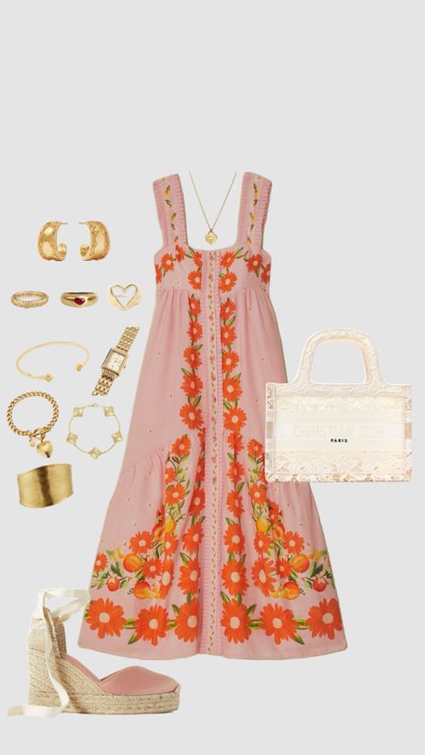 farm Rio dress, gold jewelry, summer dinner outfit, summer dress Summer Dinner Outfit, Dinner Outfit Summer, Farm Rio Dress, Dinner Outfit, Jewelry Summer, Fashion Collage, Dress Gold, Summer Dinner, Dinner Outfits