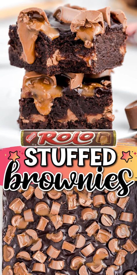 This Rolo Brownies recipe takes my favorite caramel candy stuffed between the best homemade brownie batter, then adds even more Rolos over the topping of chocolate ganache. It is so quick and easy to make this decadent dessert from scratch using simple ingredients to create a chewy, chocolatey, fudgy baked good filled with bursts of caramel in every bite! Rolo Brownies, Stuffed Brownies, Brownie Desserts Recipes, Homemade Brownie, Dessert From Scratch, Brownies Recipe Homemade, Brownie Desserts, Dessert Bar Recipe, Caramel Candy