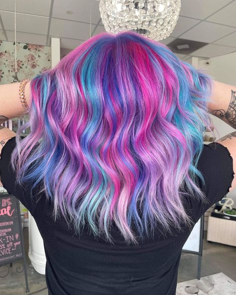 Abby Branam on Instagram: “How can this even be the same head of hair?? @sophiaknoppehair did the damn thing, as always. Serving you cotton candy realness, it’s a…” Purple Prism Hair, Cotton Candy Highlights, Cotton Candy Hair Color, Vivid Hair, Hair Dye Videos, Sunkissed Hair Brunette, Cotton Candy Hair, Candy Hair, Vivid Hair Color