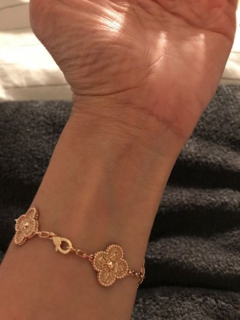 My first VCA vintage bracelet | PurseForum - sizing Vintage Van Cleef And Arpels Jewelry, Vca Stack, Vca Alhambra Bracelet, Vca Bracelet, Sweet Alhambra Bracelet, Vintage Alhambra Bracelet, Alhambra Bracelet, Morgan Stewart, Gold Bracelets Stacked