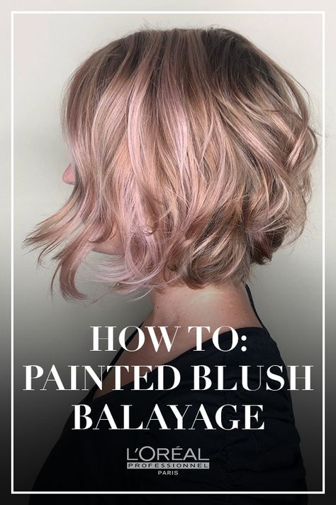 Learn how to create this blush pink #balayage! Blush Blonde Balayage, Blush Hair Color Blondes, Blush Hair Color, Blush Blonde Hair, Hair Streaks Blonde, Blonde Hair Over 50, Blush Pink Hair, Pink Hair Highlights, Pink Balayage