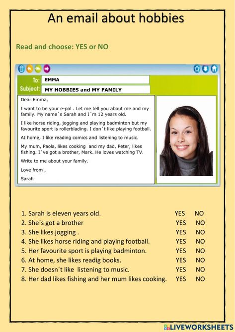 An email about hobbies interactive worksheet Hobbies Worksheet English, Reading Paragraph, Hobby Reading, English Primary School, Esl Reading Comprehension, English Language Course, English Teaching Materials, English For Beginners, English Worksheets For Kids