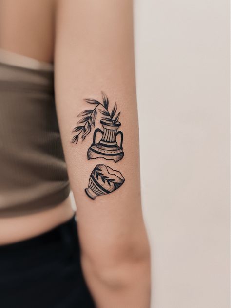 Tattoos sydney, tattoos italy, tattoos france, tattoos amsterdam Broke Vase Tattoo, Broken Vase With Flowers Tat, Ancient Greek Vase Tattoo, Clay Jar Tattoo, Athens Tattoo Ideas, Jars Of Clay Tattoo, Greek Pot Tattoo, Clay Pot Tattoo, Broken Vase Tat