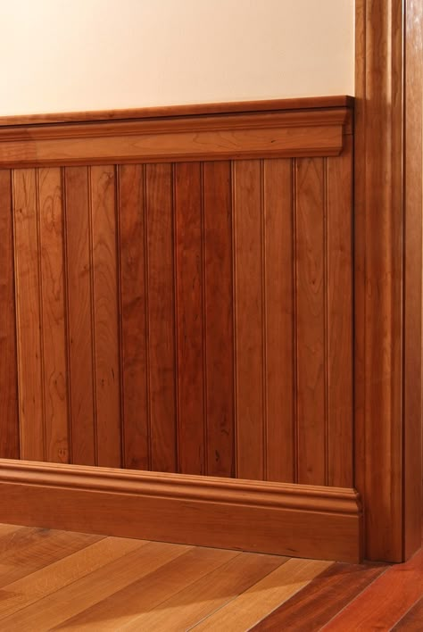 American Cherry 5" wainscote with 3 1/2" chair rail and 5 1/2" double ripple baseboard all with a clear coat finish. Wooden Panel Wall, White Kitchen Chairs, Wall Design Home, Wood Wainscoting, Wall Decorating Ideas, Decorating Ideas For Living Room, Wooden Panelling, Wainscoting Panels, Bg Design