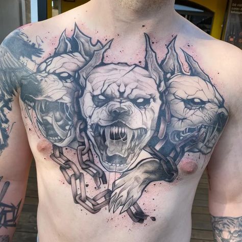 Chest Piece Tattoo, Cerberus Tattoo, Foo Dog Tattoo, Cool Tattoo Drawings, Skull Art Drawing, Chest Piece Tattoos, Horror Tattoo, Chest Piece, Dog Tattoo