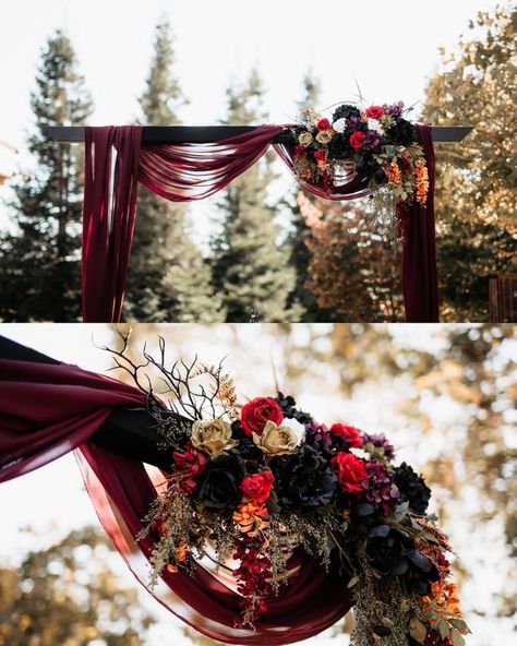 Black And Burgundy Outdoor Wedding, Burgundy And Black Fall Wedding, Black And Red Fall Wedding, Black And Garnet Wedding, Black White Burgundy Wedding Decor, Fall Dark Wedding Ideas, Burgundy And Black Wedding Dress, Wedding Black And Burgundy, Dark Red Fall Wedding