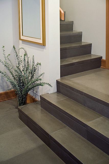 Cast Concrete 24x36 Floor Tile and Stair Treads in Shiitake, Photo by Raef Grohne by Solus Decor, via Flickr Concrete Tile Floors, Staircase Tiles Design, Tiles For Stairs, Stairs Tiles Design, Tiled Staircase, Concrete Tile Floor, درج السلم, Tile Steps, Flooring For Stairs