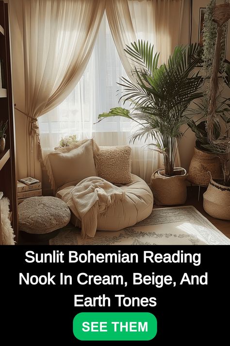 bohemian reading nook Boho Book Corner, Earth Tone Bedroom Blankets, Earth Tones Throw Blanket, Corner Bed Canopy Boho, Boho Meditation Pillow, Wallpaper Walls Decor, Pillow Texture, Living Room Windows, Cozy Reading Nook