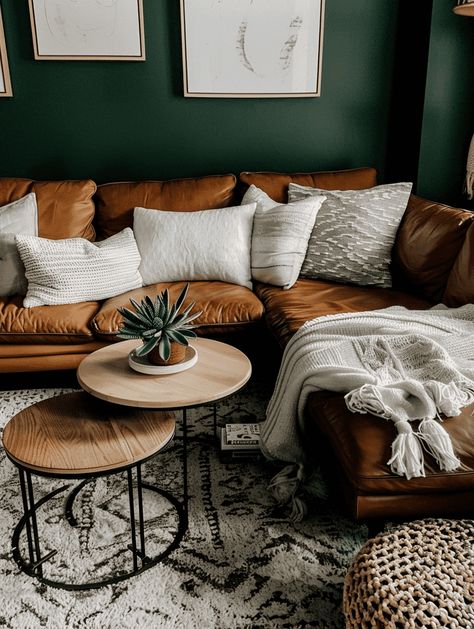 Does The Color Grey Go With Brown Furniture? Green Walls Brown Furniture, Green Gray And Brown Living Room, Green And Brown Interior Design, Tan Leather Sofa Living Room, Green And Brown Living Room, Brown And Green Living Room, Dark Brown Couch, Brown Furniture Living Room, Tan Leather Sofas