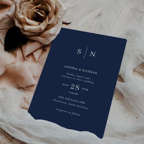 Minimal and Chic | Navy Blue Wedding Invitation These elegant, modern wedding invitations feature a simple dark navy blue and white text design that exudes minimalist style. Add your initials or monogram to make them completely your own. The back of the invitation is solid navy. Navy Blue And White Wedding Invitations, Navy Invitations Wedding, Navy Wedding Invitations Elegant, Dark Blue Wedding Invitations, Navy Themed Wedding, Navy Blue And White Wedding Theme, Dark Blue Invitation, Navy Wedding Invites, White And Navy Blue Wedding