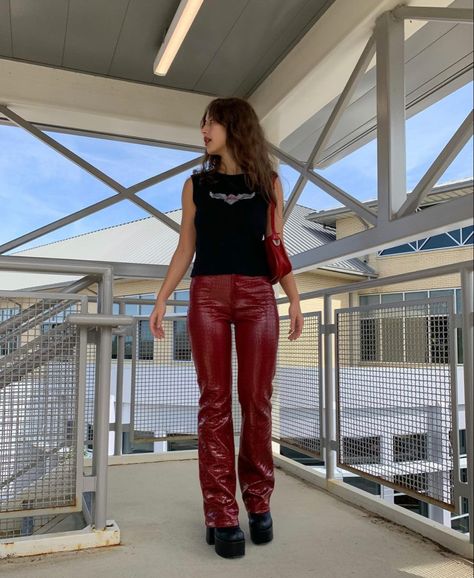 Red Leather Pants Outfit, Red Leather Pants, Rock Star Outfit, Outfits 2000s, Leather Pants Outfit, Metallic Leggings, Leather Pants Women, Instagram Outfits, Honey Pot