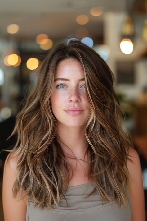 Woman with long, wavy brown hair and a neutral expression stands indoors with blurred lights in the background. Brown Hair With Lights Highlights, Dark Hair Lighter Around Face, Highlights For Hazel Eyes, Dark And Light Highlights Brunettes, Highlights On Warm Brown Hair, Full Foil Highlights On Brown Hair, Dark Hair Light Ends, Dark Brown Hair Transformation, Baby Lights Brown Hair