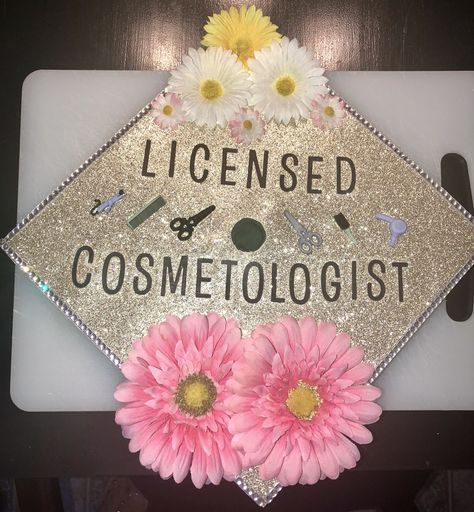 Cosmetology Graduation Cap - Gold & Floral  #Grad #Cap #Cosmetology Cosmetology Graduation Cap, Floral Grad Cap, Beauty School Graduation, Cosmetology Graduation, Graduation Hairstyles With Cap, Graduation Boards, Graduation Cap Decoration Diy, High School Graduation Cap, Vision Board Ideas