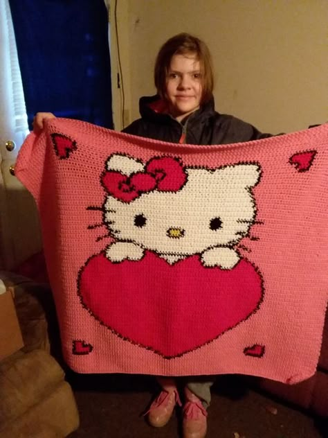 Hello Kitty Blanket Hello Kitty C2c Crochet Pattern, Knitted Hello Kitty, Hello Kitty Blanket Crochet Pattern, Crochet Hello Kitty Stuff, Hello Kitty Knitting Pattern Free, Crochet Hello Kitty Blanket, Cute Crochet Hello Kitty, Hello Kitty Crochet Tapestry, Hello Kitty Crochet Blanket