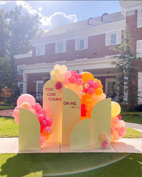 Golden Hour Bid Day Decorations, Bid Day Backdrop, Pink And Orange Bid Day, Recruitment Decorations Tables, Sorority Party Decorations, Philanthropy Day Recruitment Decoration, Sisterhood Day Recruitment Decorations, Sorority Recruitment Philanthropy Round, Recruitment Rooms Decorations