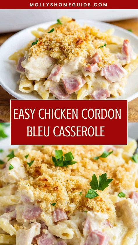 Indulge in the rich flavors of a classic dish with this easy-to-make chicken cordon bleu casserole recipe. Layers of tender chicken, savory ham, and creamy Swiss cheese are baked to perfection, creating a comforting meal the whole family will love. This crowd-pleasing casserole is perfect for busy weeknights or special occasions when you want to impress your guests. Best Chicken Cordon Bleu Casserole, Chicken Ham Swiss Casserole, Chicken Cordon Blue Lasagna, Easy Chicken Cordon Bleu Casserole, Swiss Chicken Casserole, Chicken Cordon Bleu Sandwich, Chicken Cordon Bleu Casserole Recipe, Easy Chicken Cordon Bleu, Chicken Casserole Recipes