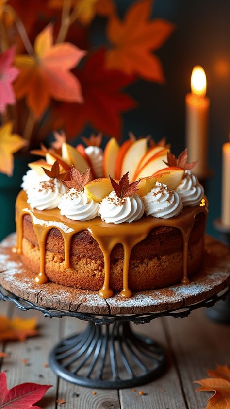 Caramel Apple Cider Cake with Maple Whipped Cream Apple Cider Layer Cake, Apple Cake Birthday, Apple Harvest Cake, Nordic Ware Cakelet Recipes, Birthday Cake Autumn, Autumn Cake Ideas Birthday, Fancy Fall Desserts, Caramel Bundt Cake, Apple And Caramel