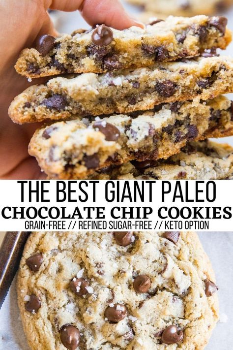 The BEST Giant Paleo Chocolate Chip Cookies - The Roasted Root Easy Paleo Cookie Recipes, Grain Free Fall Recipes, Chewy Paleo Cookies, Best Paleo Chocolate Chip Cookies, Refined Sugar Free Chocolate Chip Cookie, Gaps Diet Cookies, Healthy Chewy Chocolate Chip Cookies, Best Healthy Chocolate Chip Cookies, Gaps Dessert Recipes