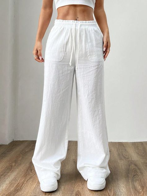 White Casual Collar  Woven Fabric Plain Straight Leg Embellished Non-Stretch  Women Clothing Balloon Pants Women, Wide Leg White Pants, White Pant, Mode Zara, Womens Wide Leg Pants, Outfit Mujer, Stylish Party Dresses, Dope Fashion, Plus Size Pants