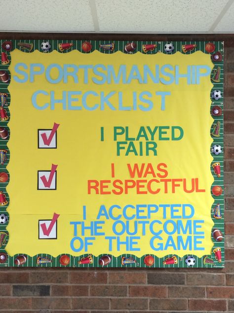 Elementary PE bulletin board Pe Coach Office Ideas, Sportsmanship Bulletin Board Ideas, Pe Teacher Office Decor, Education Bulletin Board Ideas, Elementary Pe Games, Pe Rules, Pe Classroom, Physical Education Bulletin Boards, Pe Bulletin Boards