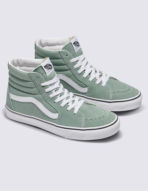 Vans Sk8-Hi Shoes. Legendary High Top, Sidestripe™ Shoes. Durable Suede And Canvas Uppers. Lace-Up Closure. Reinforced Toe Caps. Supportive Padded Collars. Signature Rubber Waffle Outsoles. Imported. Sage Green High Top Vans, Van High Tops, Green High Top Vans, Vans Shoes High Tops, Cute Vans, Vans High, Tenis Vans, Green Vans, Cool Vans