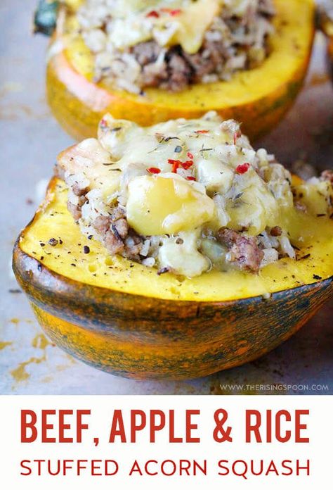 An easy recipe for savory baked acorn squash stuffed with ground beef (hamburger meat), apple & white rice then topped with melty cheese. Serve this during the fall & winter months as healthy gluten-free dinner, side dish or appetizer. It's perfect for Thanksgiving & Christmas, too! #squash #glutenfreerecipes #groundbeef #rice #fallrecipes #thanksgivingrecipe #realfood Rice And Ground Beef Recipes, Meat Poster, Rice And Ground Beef, Glutenfree Appetizer, Squash Ideas, Acorn Squash Stuffed, Apple Rice, Appetizer Christmas, Healthy Fall Dinner