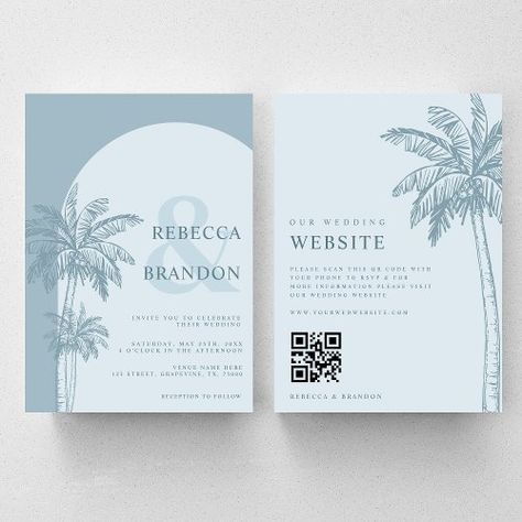 $2.09 | Palm Tree Boho Beach Dusty Blue QR Code Wedding - wedding all in one invitations, simple minimal online wedding website, ampersand, downloadable instant digital download, qr code rsvp online, ampersand wedding invitations, palm tree tropical beach boho, dusty blue, dusty light blue wedding invitations, blue wedding invites with qr Dusty Blue Beach Wedding, Blue Wedding Invites, Beach Wedding Invite, Wedding Invitations Beach, Coastal Wedding Invitations, Light Blue Wedding Invitations, Palm Tree Wedding Invitations, Blue Beach Wedding, Baby Blue Weddings