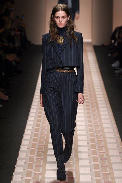 Trussardi Fall 2017 Ready-to-Wear collection, runway looks, beauty, models, and reviews. Blogger Quotes, Woman Suit Fashion, Pinstripe Suit, April 21, Looks Chic, 가을 패션, Fall 2017, Suit Fashion, Womens Fashion Trends