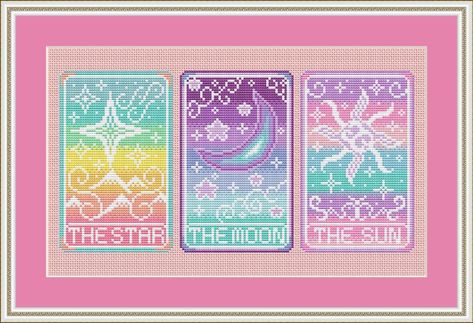 Tarot Cars Cross Stitch Pattern Set, of 3. 💛💜💖 Available, in the Shop. #crossstitch #crossstitchpattern #embroidery #craft #witch #witchy #tarot #sun #moon #star #pastel #photo #photooftheday #pretty #love Cars Cross Stitch, Cross Stitch Sun, Tarot Cross Stitch, Cross Stitch Moon, Cross Stitch Star, Sun Cross Stitch, Witchy Cross Stitch, Star Cross Stitch, Witch Cross Stitch