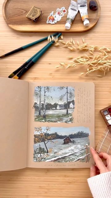 Stillman & Birn on Instagram: "🏞️ @jowishka.art painted stunning landscape studies on beige toned paper, radiating warmth and softness. Something to brighten up your feed! 📔 Stillman & Birn Nova Sketchbook FR- @jowishka.art a peint de superbes études de paysage sur papier beige, rayonnant de chaleur et de douceur. De quoi égayer votre fil d’actualité ! Have you ever tried painting on toned paper?" Painting On Toned Paper, Stillman And Birn Sketchbooks, Drawings On Tan Paper, Art On Toned Paper, Toned Paper Sketchbook, Jowishka Art, Toned Paper Art, Toned Sketchbook, Toned Paper Drawing