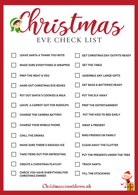 Christmas Eve Checklist Christmas Day Checklist, Christmas Eve Itinerary, Christmas Eve Checklist, Stuff To Do On Christmas Eve, Christmas Prep Timeline, What To Do In Christmas, Christmas Checklist Things To Do, What To Do On Christmas Eve, Things To Do On Christmas Eve